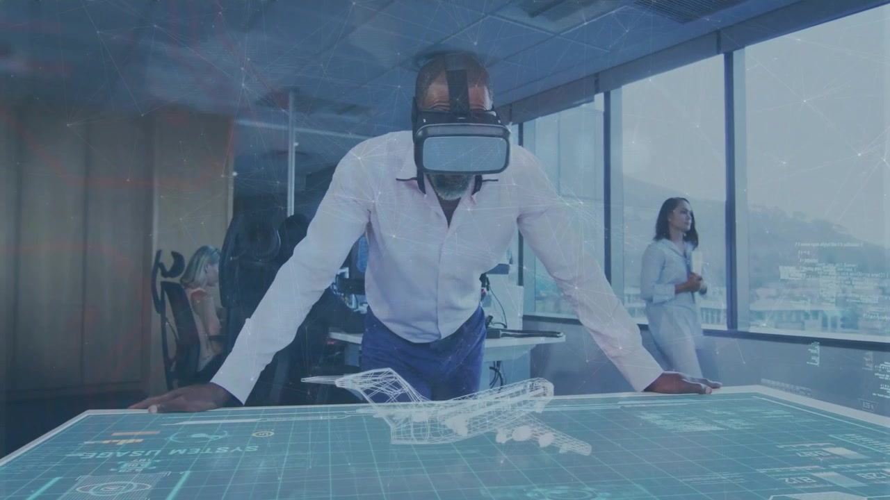 Man wearing VR headset leaning on touch table in business office, projecting holographic airplane