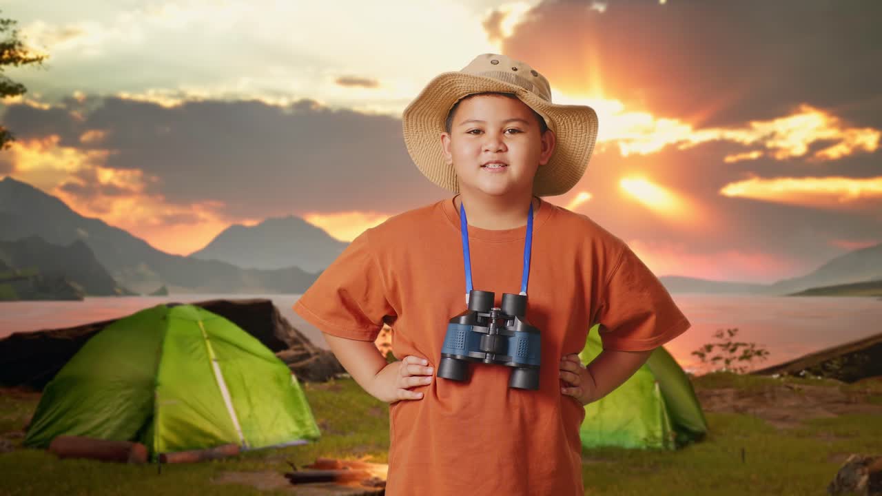 Smiling Boy with Binoculars at Sunrise Campground