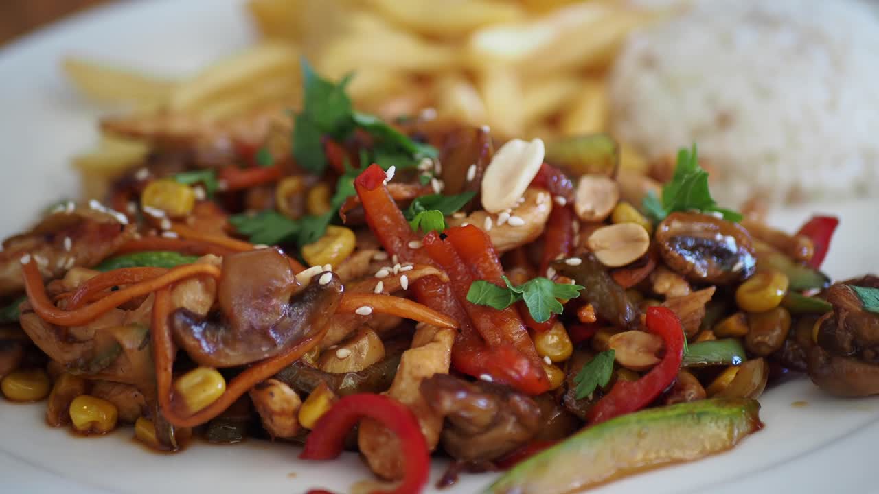 Chicken Stir-fry with Rice and Fries