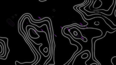 animation of moving white contour lines, with purple fireworks, on black background