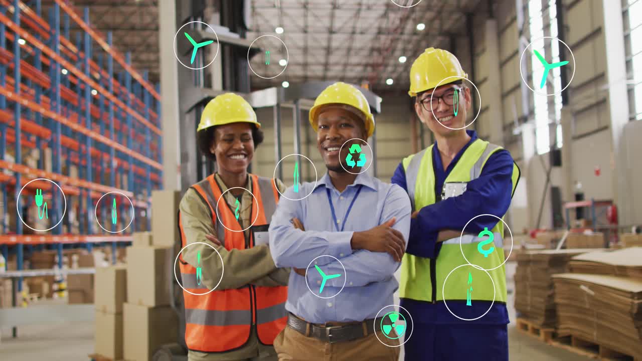animación de iconos ecológicos y procesamiento de datos sobre diversas personas que trabajan en el almacén