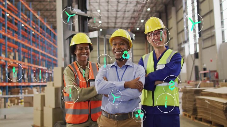 Animation of eco icons and data processing over diverse people working in warehouse