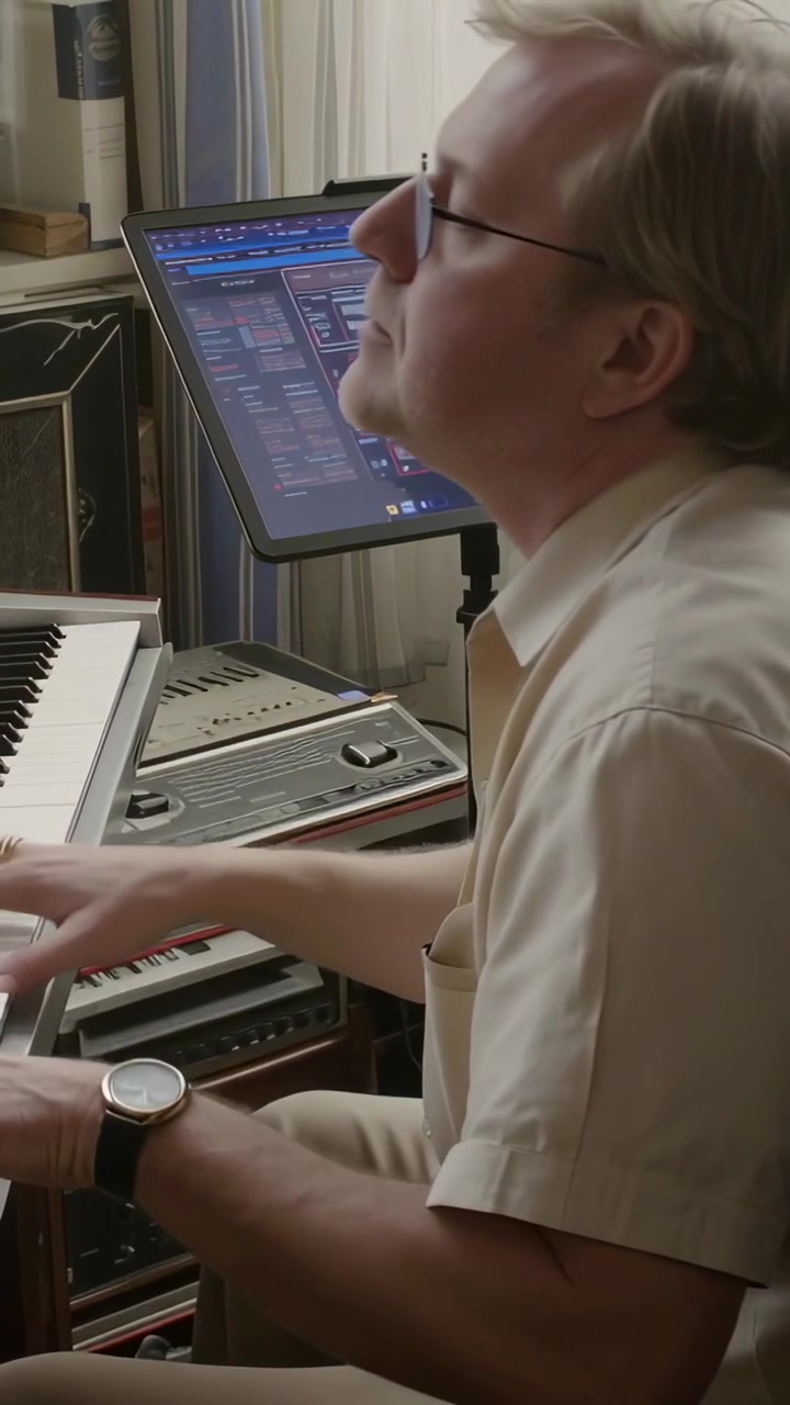 Video verticale: Uomo che suona i tasti mentre l'interfaccia utente della DAW si aggiorna su uno schermo inclinato per la produzione musicale