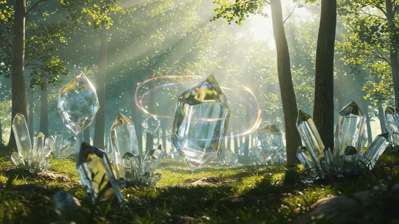 Enchanting Crystalline Forest: A Mesmerizing Display of Floating Crystals Glimmering Under Sunlight, Surrounded by Lush Greenery in a Magical Setting