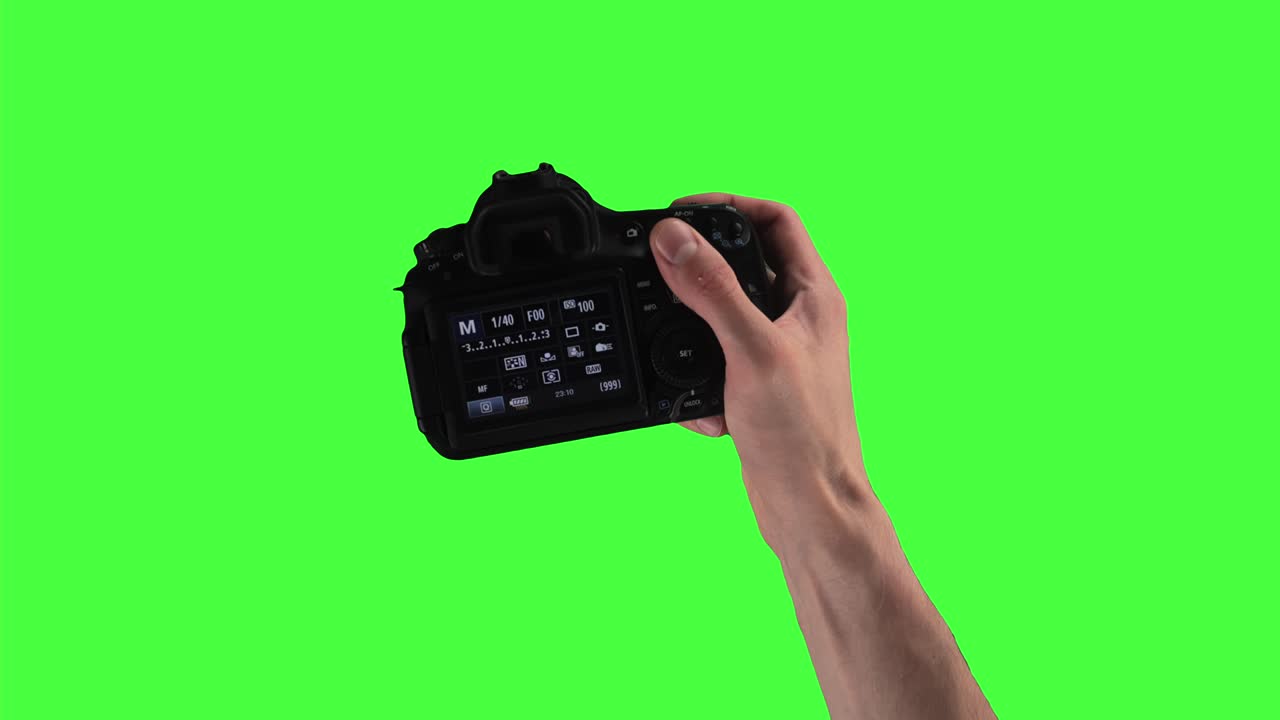 Set of 9 gestures of male hands holding photo camera and pushing button on green screen background