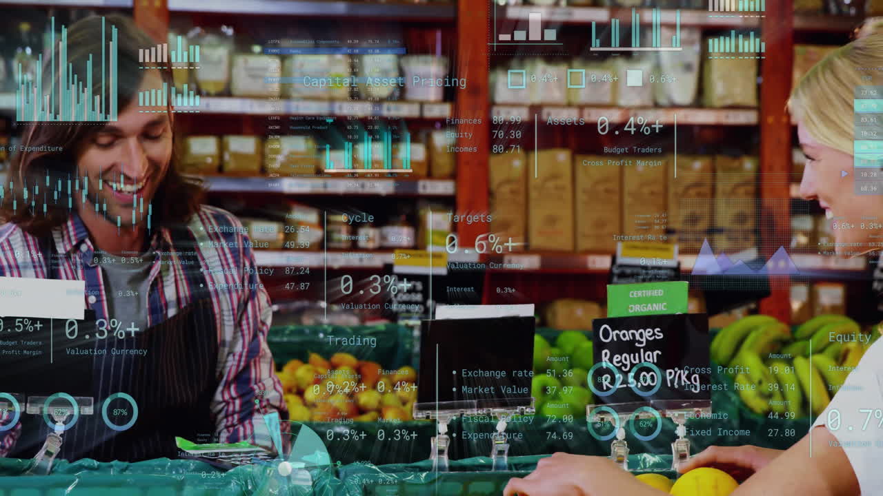 가게에서 일하는 백인 상점 직원들에 대한 데이터 처리의 애니메이션