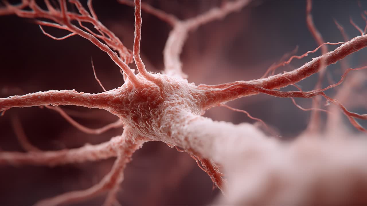 Detailed close-up view of a neuron showcasing its intricate structure, including dendrites and axon, under a fascinating microscopic lens, highlighting its role in neural communication and connectivity