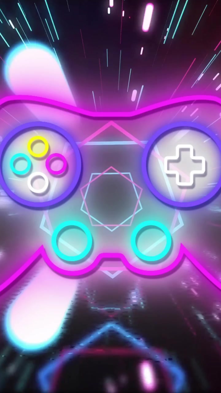 Animação de controle de videogame neon e ícones em um fundo preto.