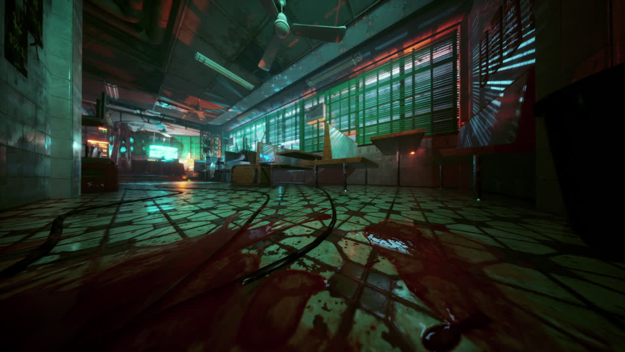 una escena del crimen oscura y espeluznante en un restaurante abandonado