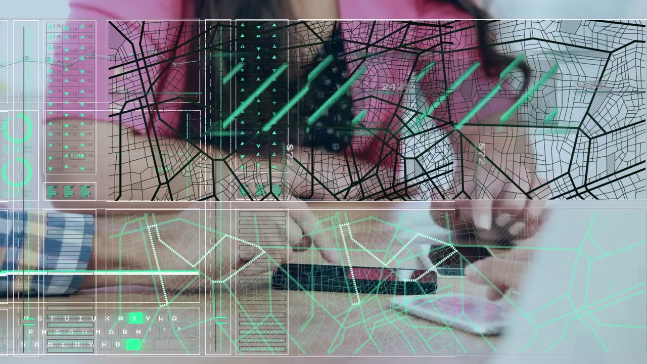 Animazione di un'interfaccia con elaborazione dati su colleghi che usano smartphone
