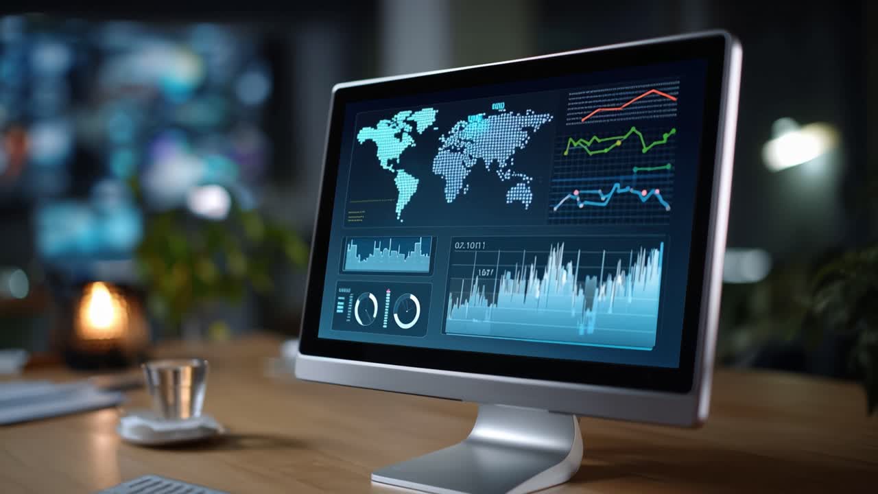 Data Visualization and Analytics: A Modern Workspace Showcasing Real-Time Graphs and Global Maps on a Computer Monitor in a Tech-Driven Environment
