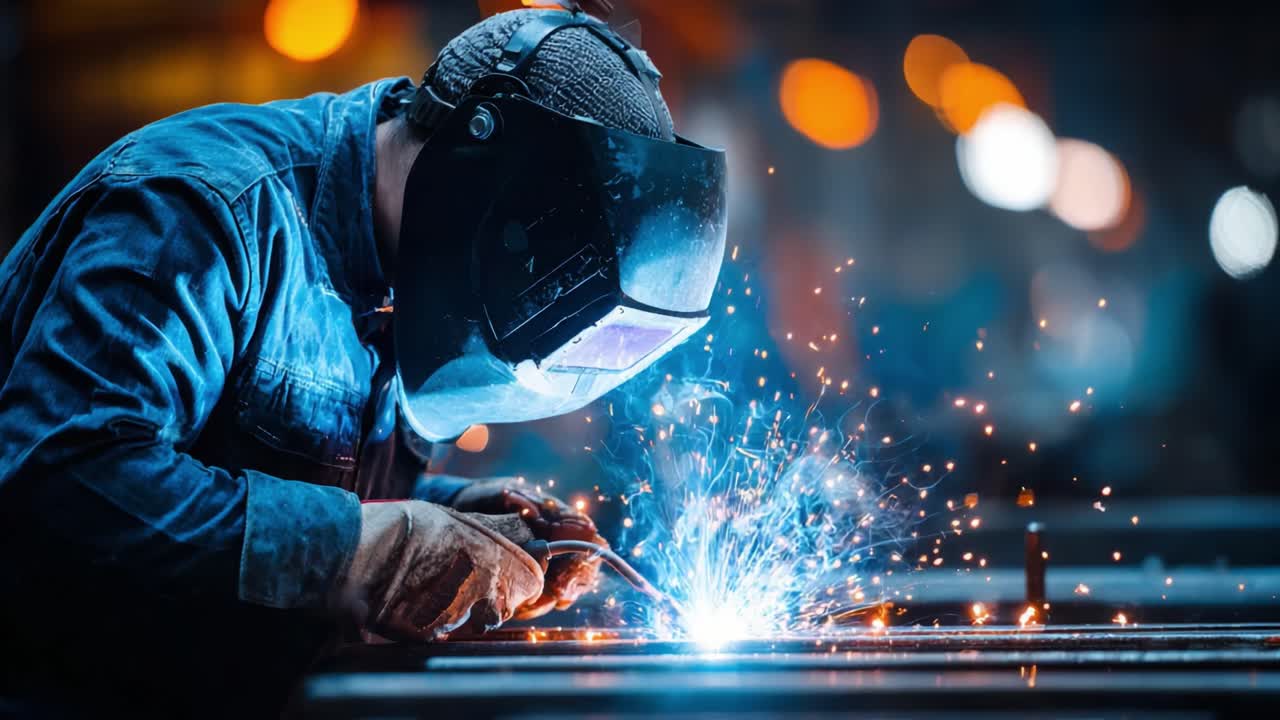 A Skilled Welder at Work: A Glimpse into the Art of Welding and the Brilliant Sparks Creating Seamless Joints in a Dynamic Industrial Environment