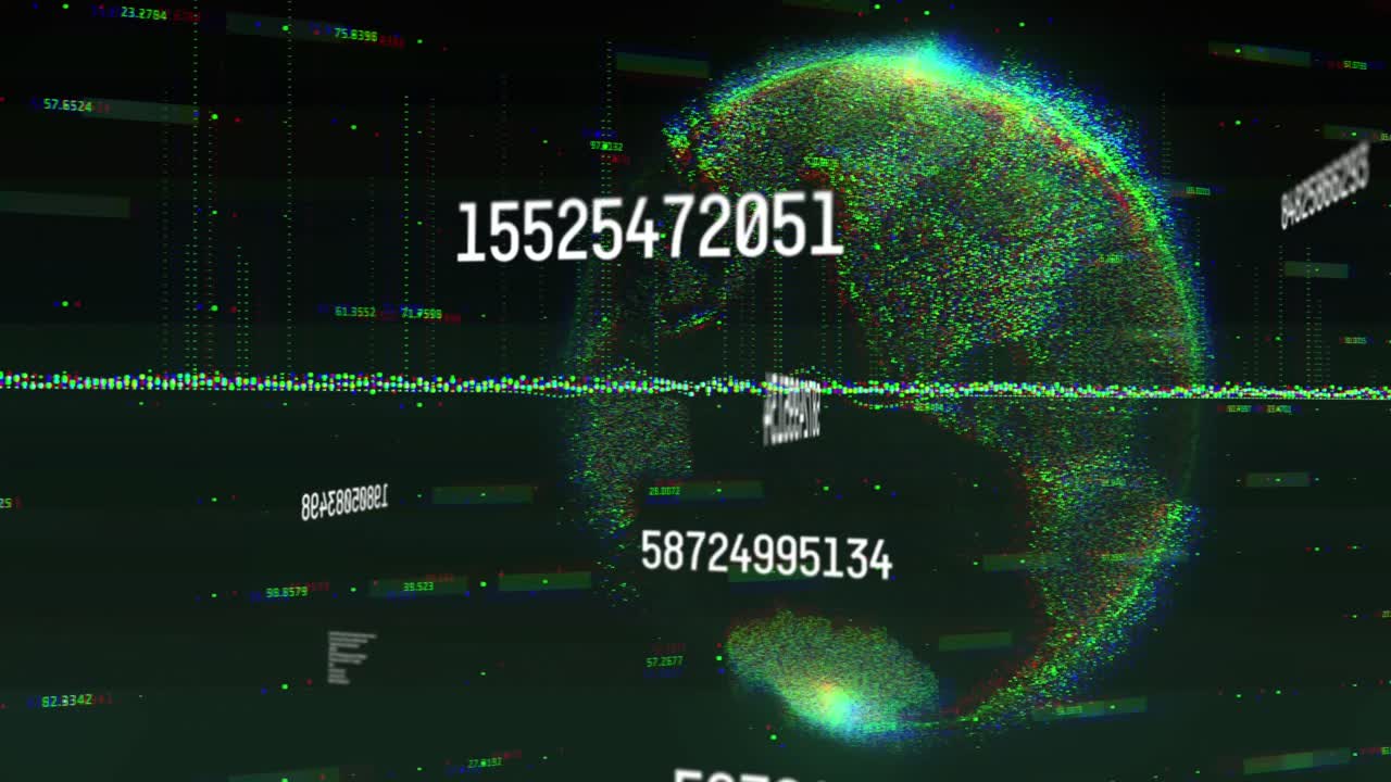 Animation of multiple changing numbers and data processing over spinning globe on green background