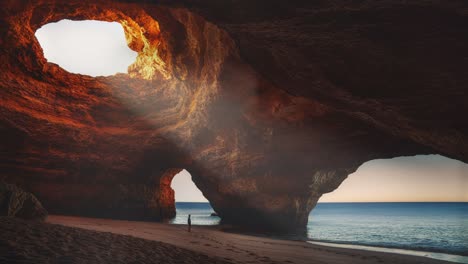 cinemagraph / seamless video loop of the famous benagil cave close to faro and lagos at algarve, portugal with a young model man standing on the tourist vacation beach at sunrise in summer with the waves of the sea moving gently.