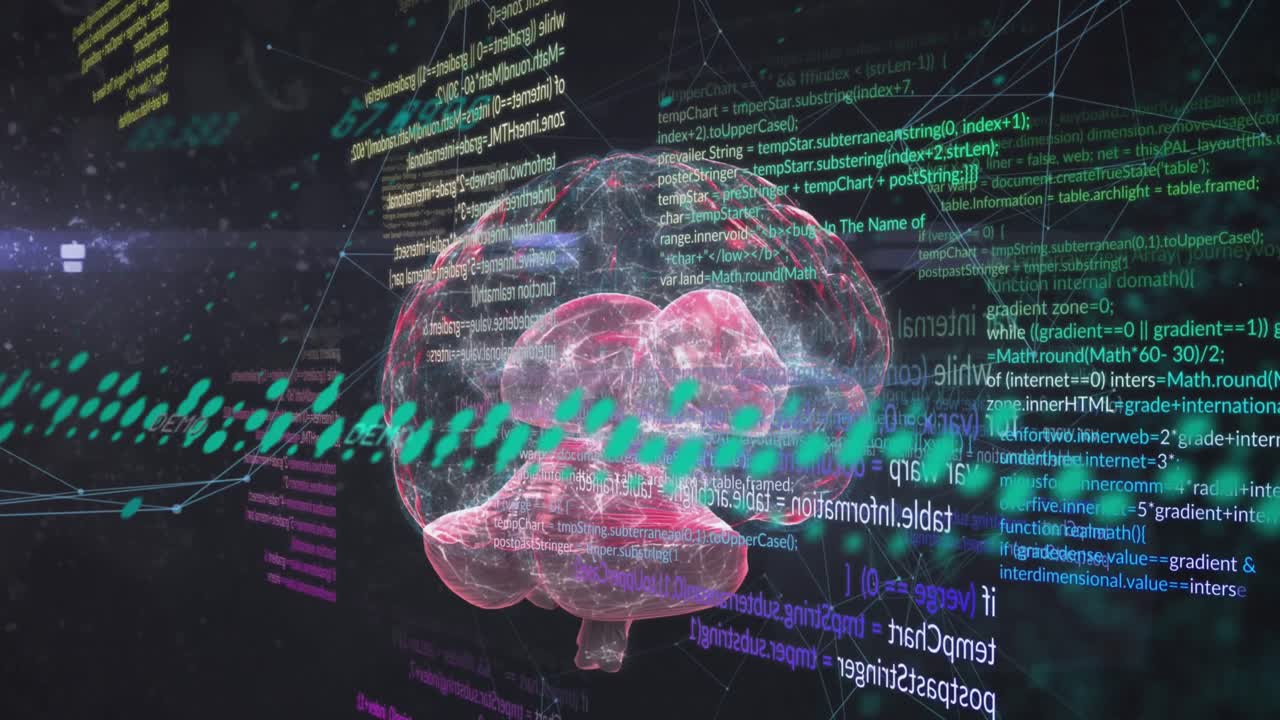 인간의 뇌, 컴퓨터 언어 및 검은 바탕에 연결된 점의 애니메이션