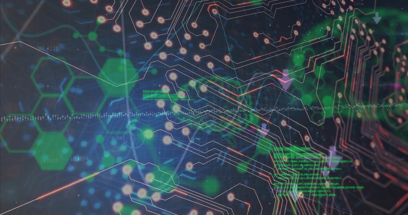 On start, circuit overlay pulsing, green code appearing, dotted waveform waving, showing tech data