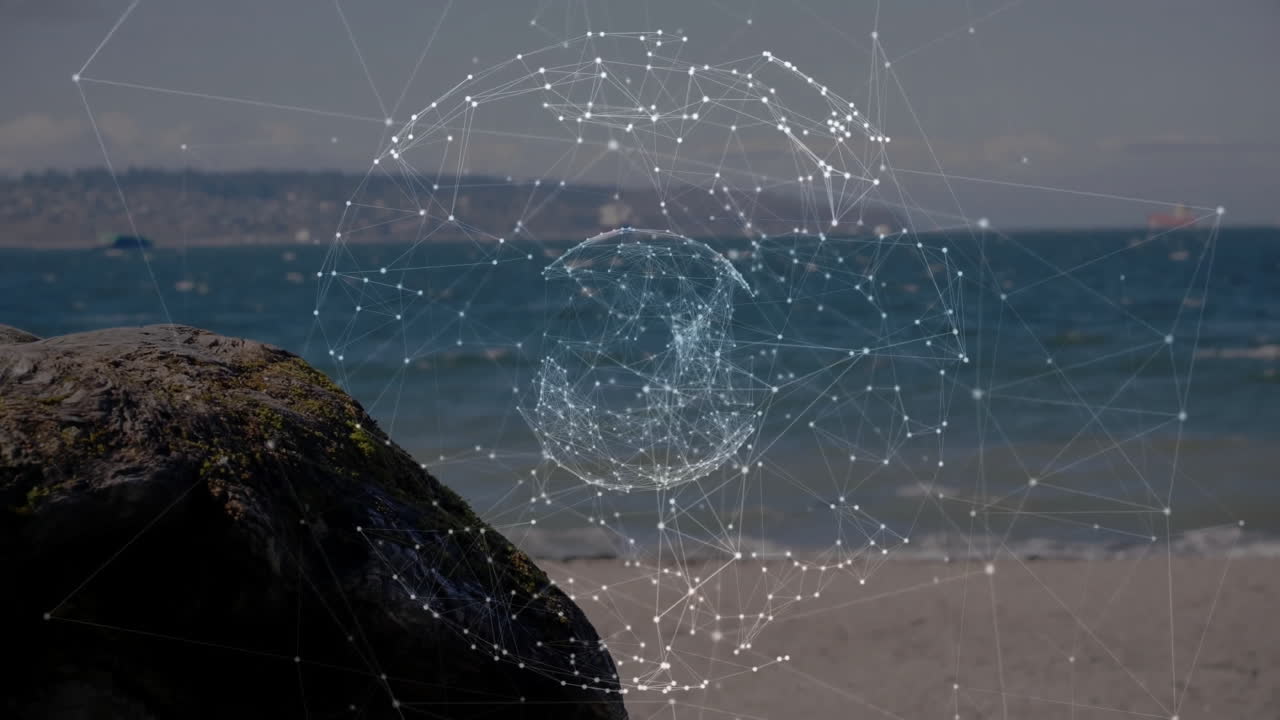Animation of network connections forming globe shape over beach and ocean backdrop