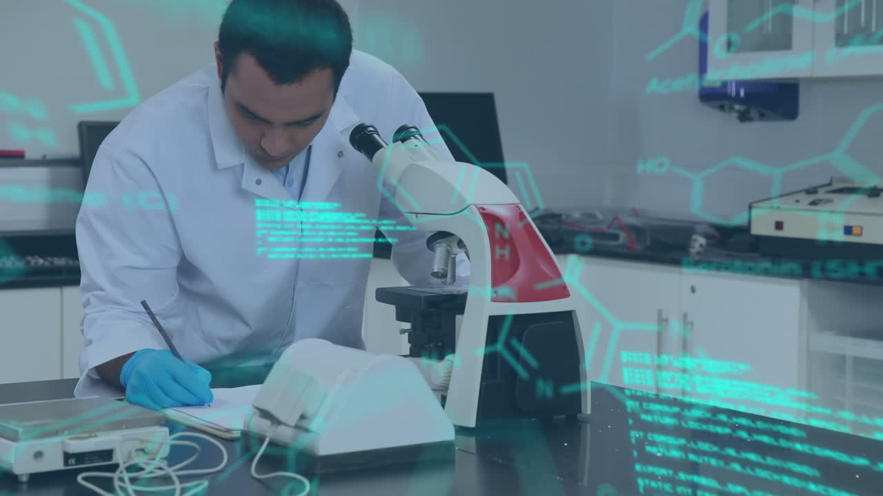 animación del procesamiento de datos científicos sobre un científico caucásico