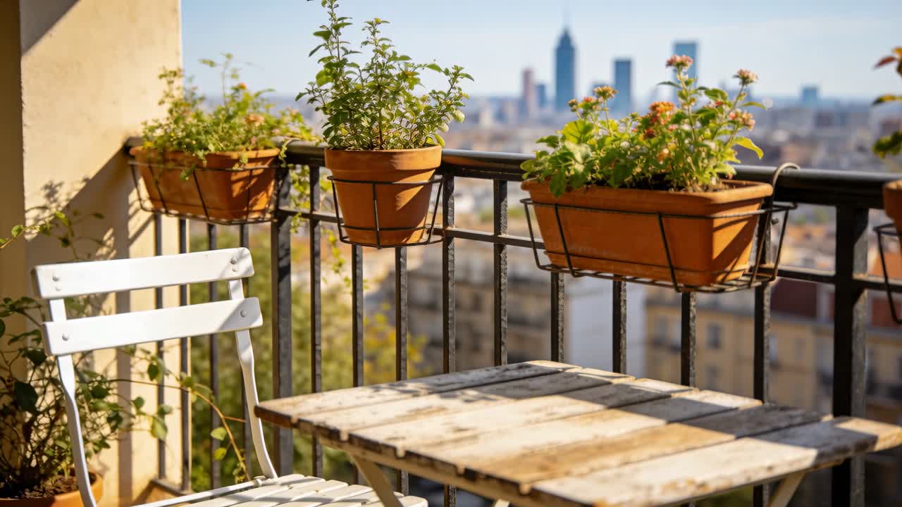 Telecamera panoramica che rifocalizza rivelando un piccolo balcone con sedia, tavolo di legno, vasi in terracotta e lo skyline della città.