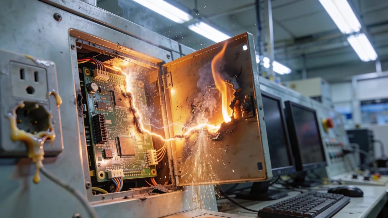 Sparking after power fault, metal control box with open door producing arc, charring PCB on bench