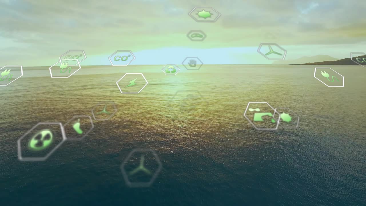 During sunset, sea calm, green hex icons emerging and drifting, illustrating sustainability
