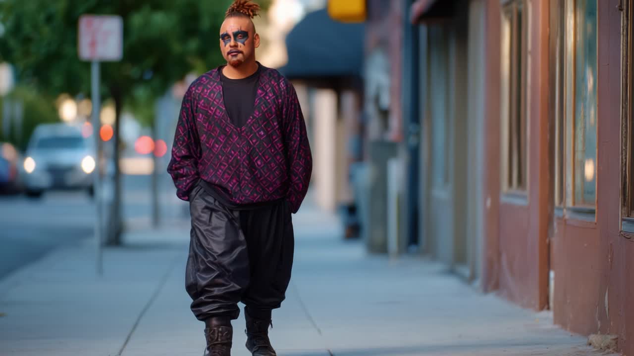 A Stylish Individual Strolling Through the City Streets, Showcasing a Unique Blend of Fashion and Attitude with Distinctive Clothing and Sunglasses