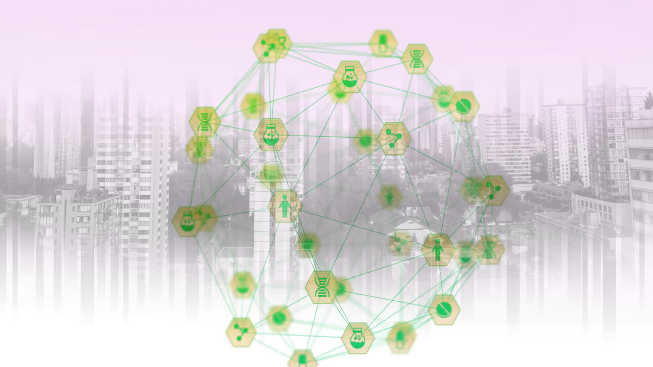 도시 풍경을 배경으로 디지털 아이콘의 세계
