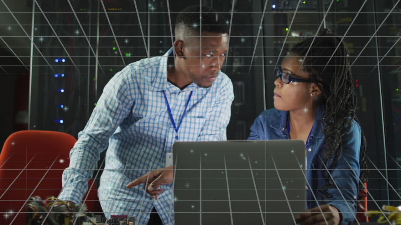 Animation of white spots over grid network against african american office colleagues discussing