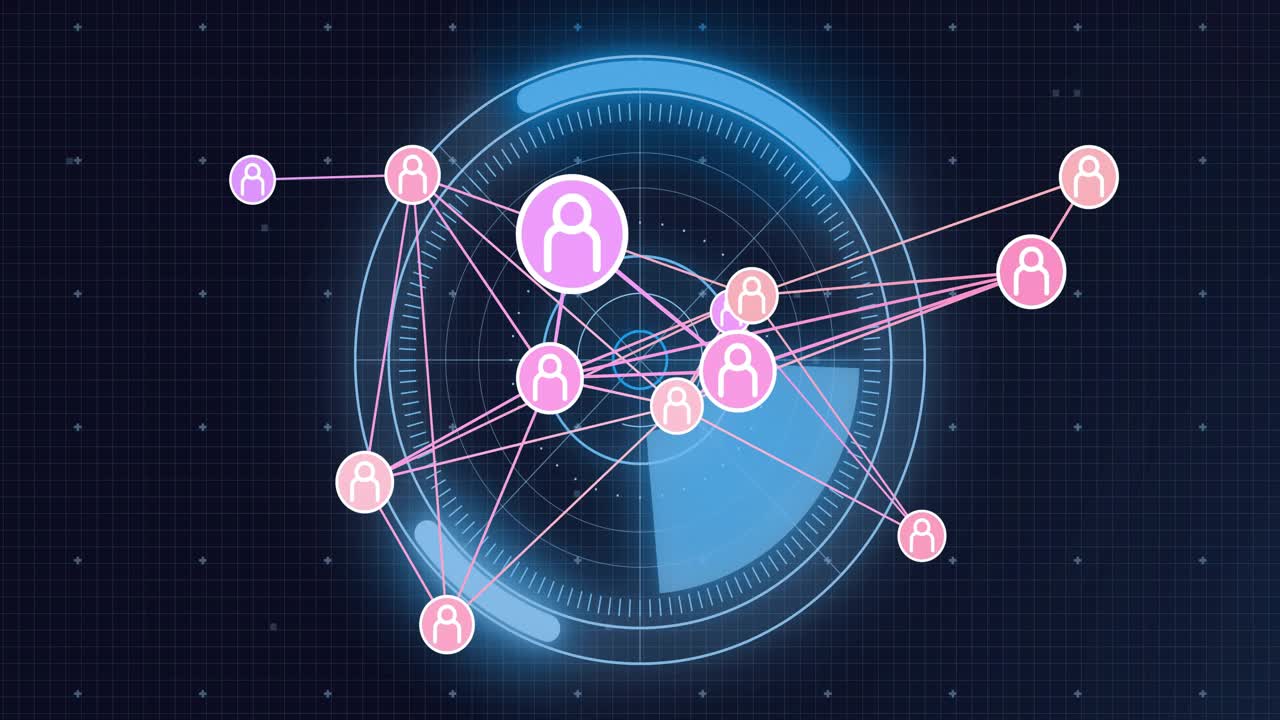 HUD appearing, central cluster reshaping with avatar pulsing, charts growing, visualizing analytics