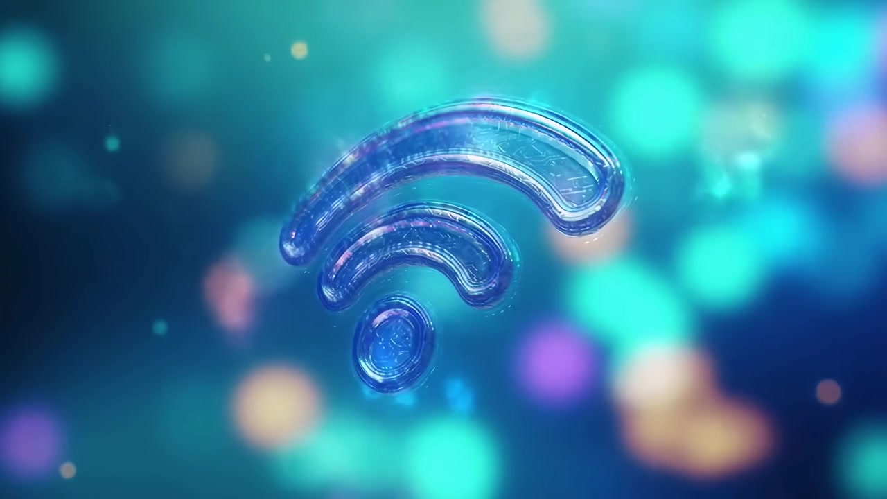 Animeret glødende Wi-Fi-netværkssymbol på abstrakt bokeh-baggrund