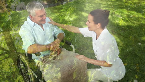 animation of leaves over caucasian nurse with patient in wheelchair