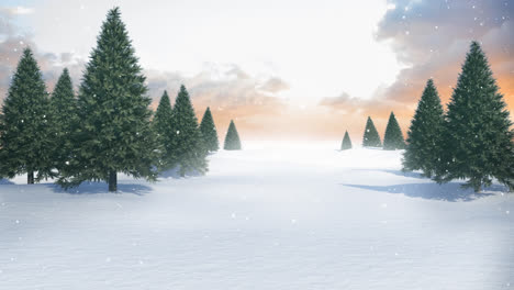 Snow-falling-over-multiple-trees-on-winter-landscape-against-clouds-in-the-sky