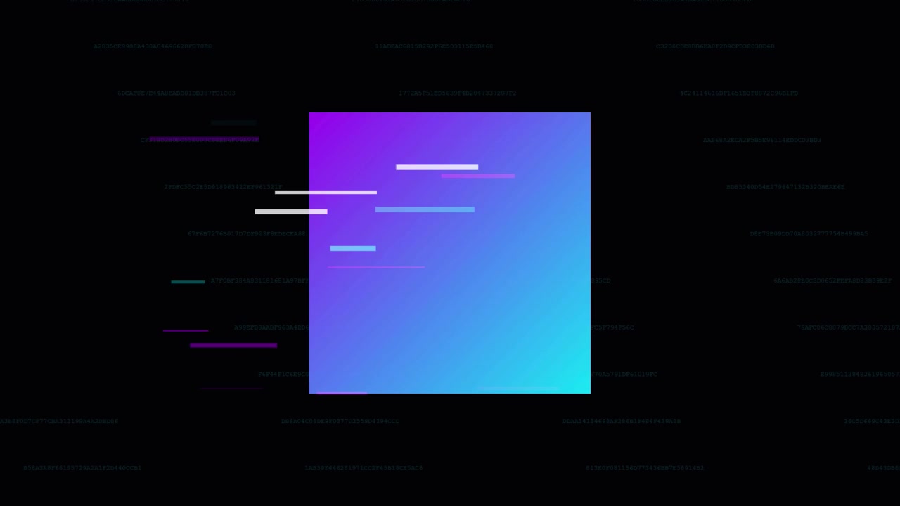 Quadrato digitale astratto con effetti glitch e dati fluttuanti