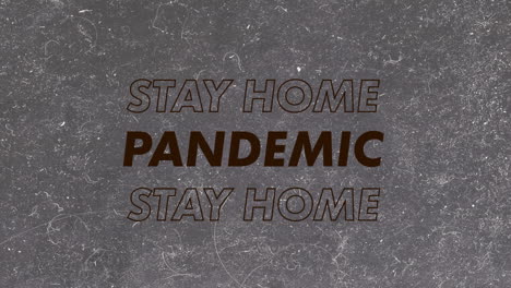 words pandemic stay at home written in brown and red letters on grey background