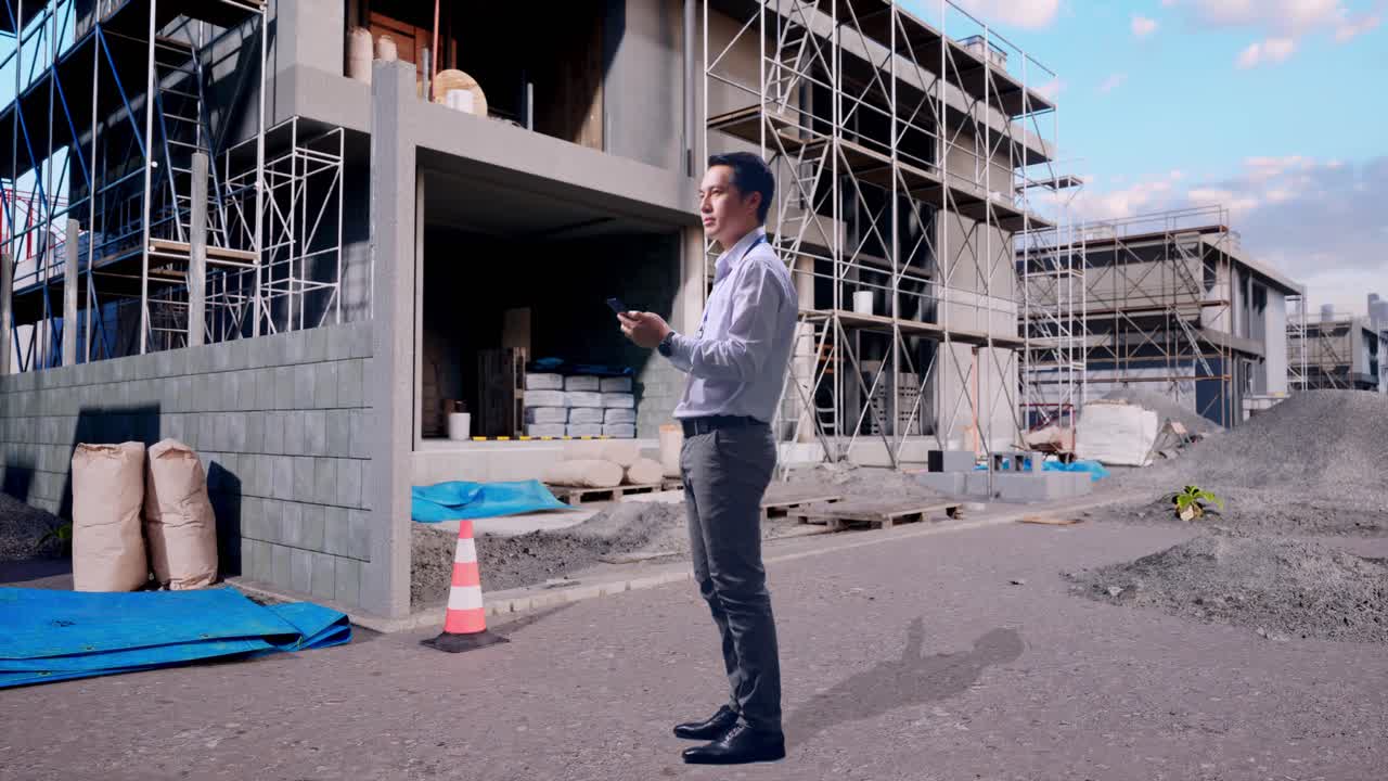 Tampak Samping Seluruh Badan Pekerja Pria Asia Berdiri Dengan ponselnya Di Lokasi Konstruksi yang Sedang Berlangsung ke Rumah Baru, Dia Mengamati Dengan Melihat Sekeliling Sebelum Dia Datang Untuk Berkonsentrasi Dengan smartphone-nya