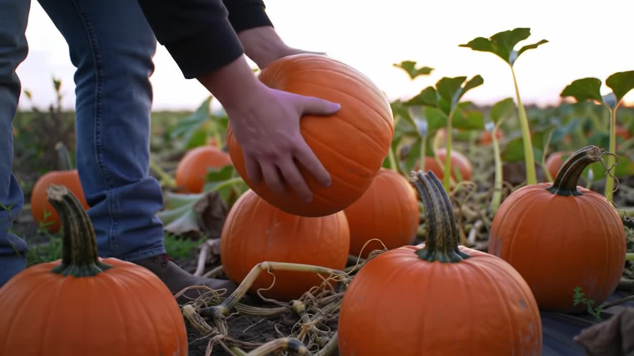 Harvesting Vibrant Pumpkins: A Lively Autumn Scene Emphasizing the Labor of Gathering Fresh Produce from a Lush Pumpkin Patch Amidst the Setting Sun