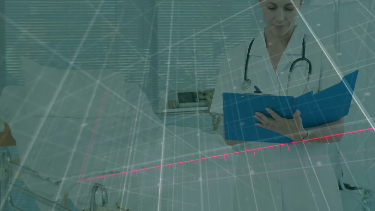 animación de las estadísticas y el procesamiento de datos financieros sobre la doctora caucásica