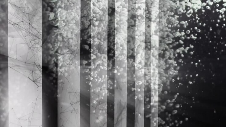 Animation of moving shapes and bubbles on gray background