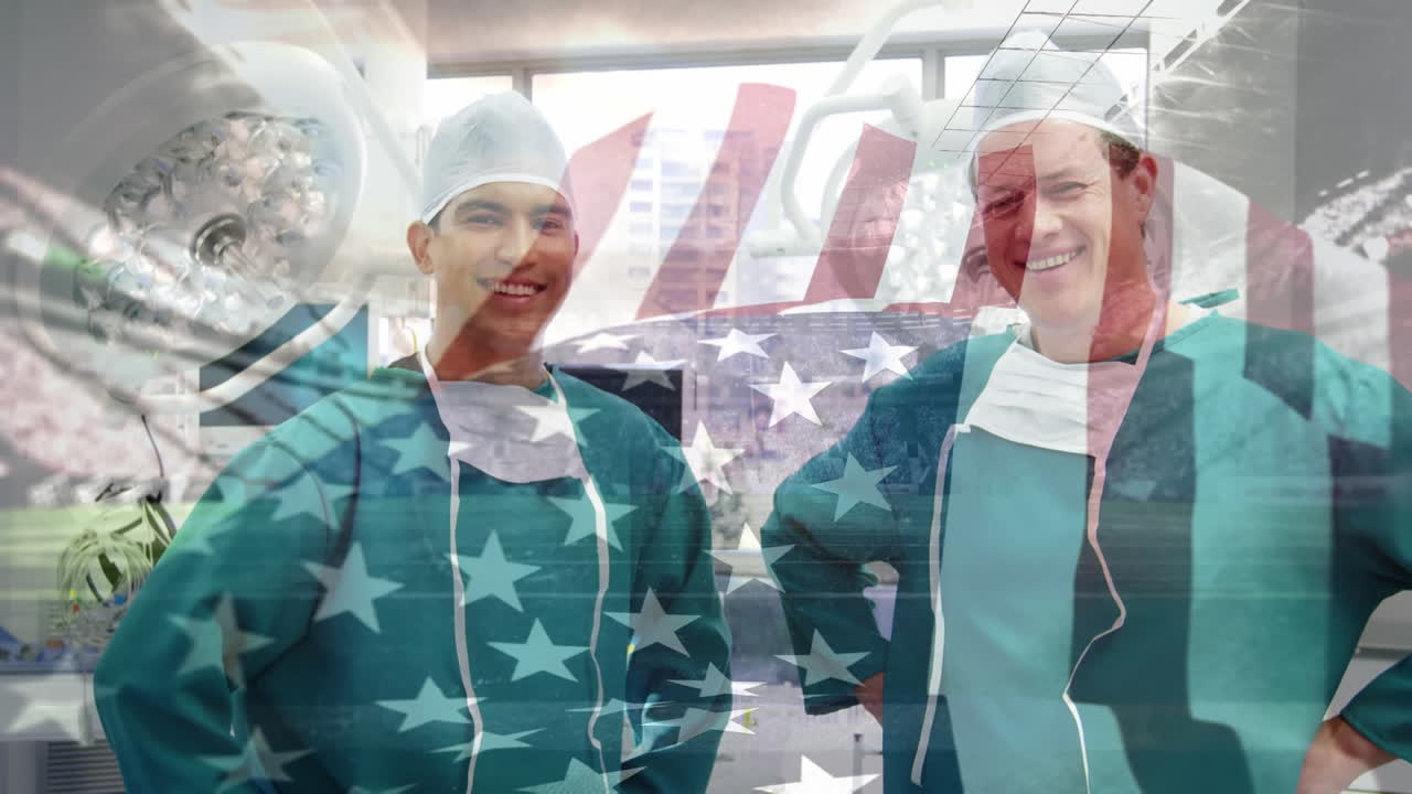 얼굴 마스크를 쓴 외과 의사 들 위 에 흔들리는 미국 국기 의 애니메이션