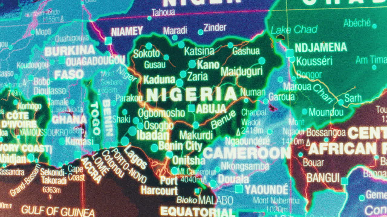Close-up view of a glowing map highlighting Nigeria and surrounding West African countries