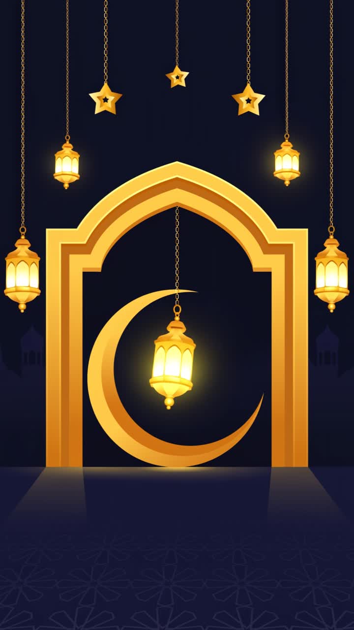 Animazione Story di auguri Eid Mubarak con arco di moschea a lanterna a mezzaluna su sfondo sfumato blu scuro.