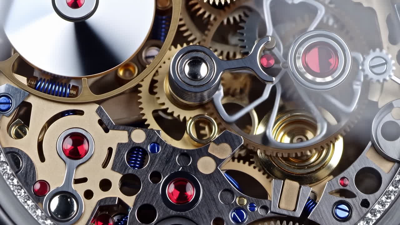 Closeup Mechanical Watch Movement Revealing Intricate Gears, Red Ruby Bearings, Polished Steel Bridges, Golden