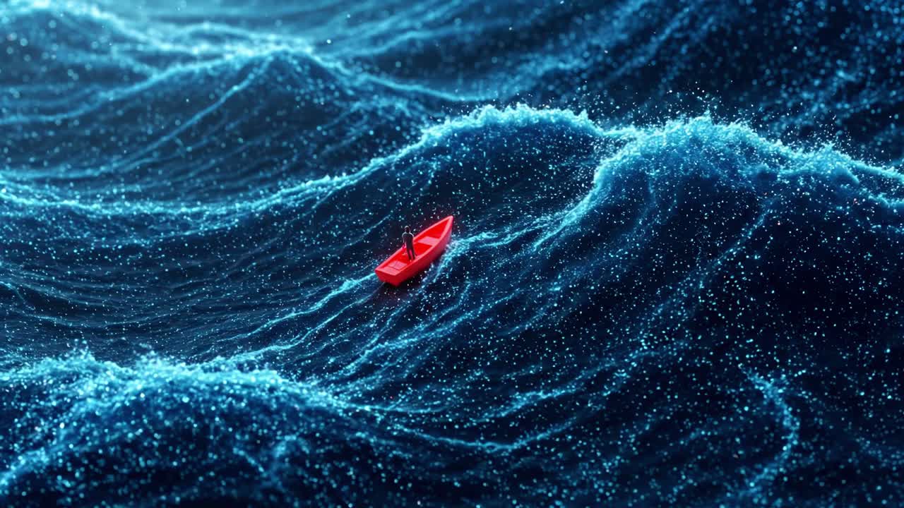 Small red boat navigating through turbulent ocean waves in deep blue waters with sunlight reflections