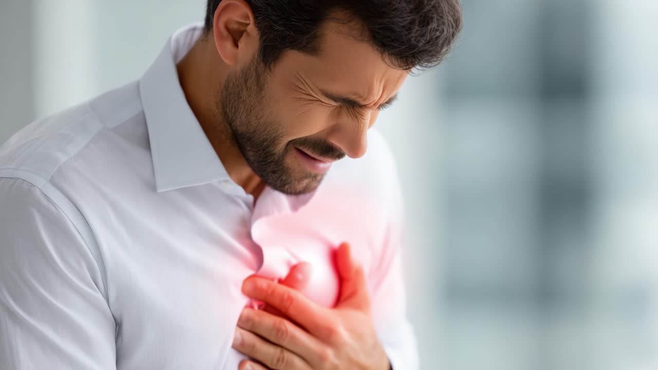A man experiencing intense discomfort, indicating a potential health crisis while clutching his chest, suggesting a serious underlying condition or emotional distress
