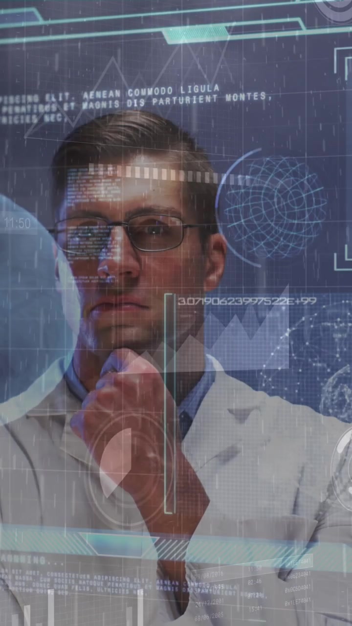 Animation of graphical interface with moving coding and charts over thoughtful caucasian doctor