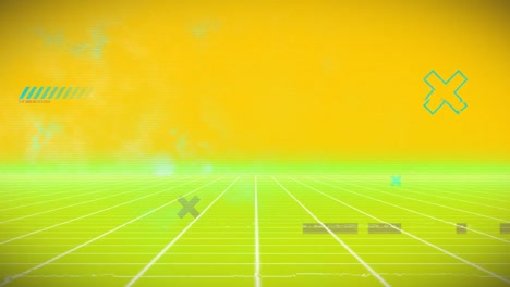 Animation-of-patterns-and-markers-moving-over-grid-on-green-and-yellow-background