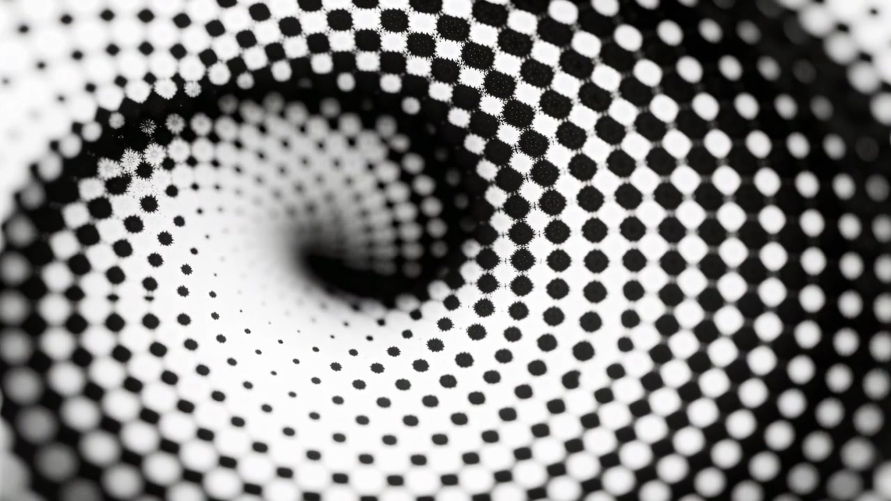 Roterende rasterspiral ved billedfremføring på hvid baggrund, strammende prikbånd omkring et mørkt tomrum.