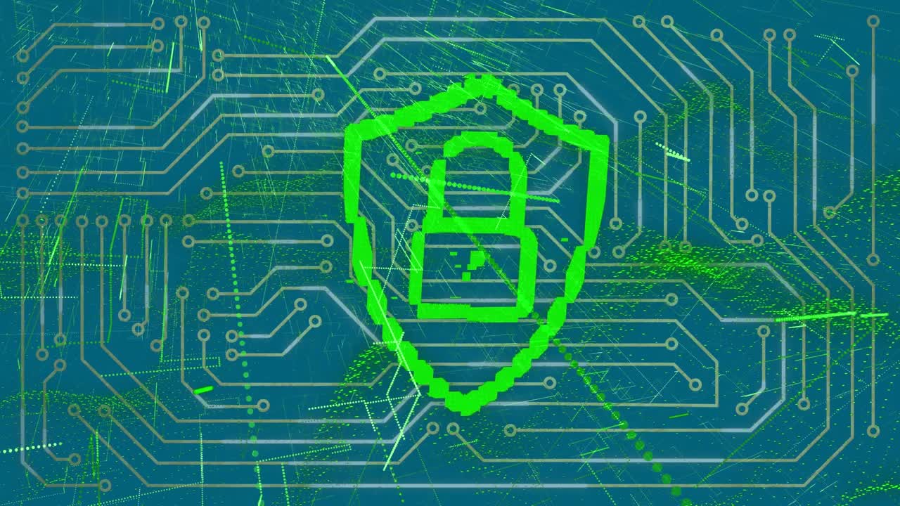 Animation of padlock icon over computer circuit board and shapes on blue background
