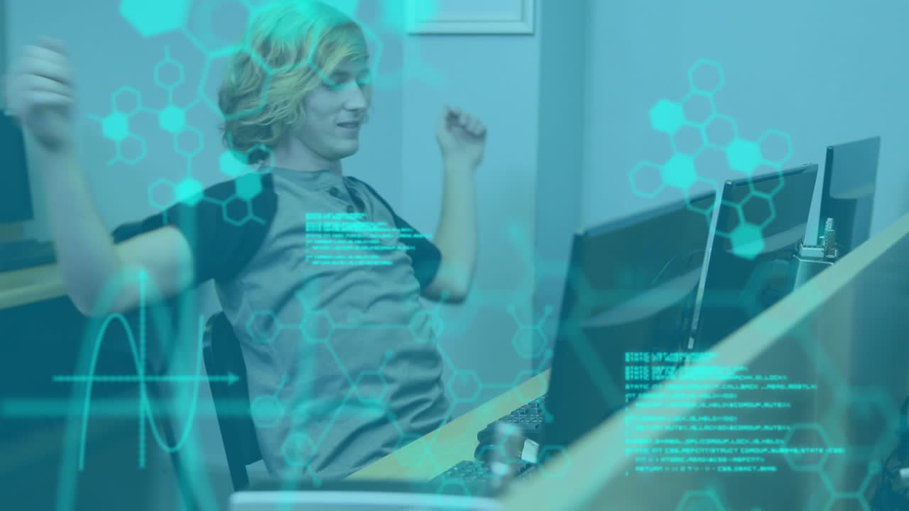 Animation of data processing over male student using computer