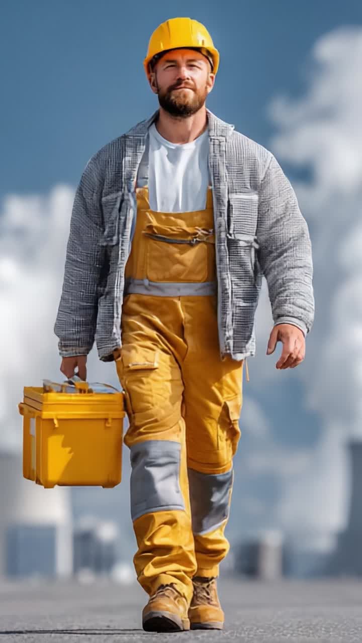 A determined worker in a yellow hard hat and safety gear confidently walks towards a bright future, carrying essential tools for a successful day on the job site
